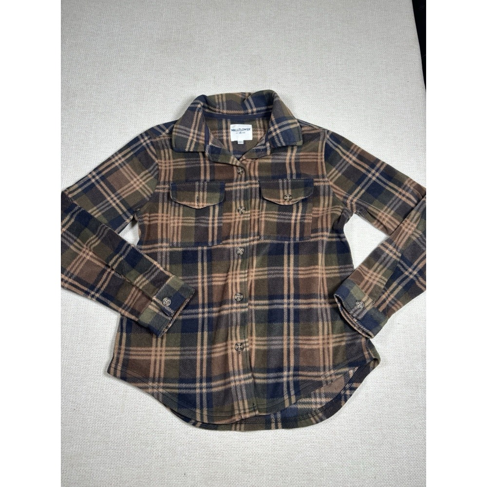WallFlower Women Fleece Plaid Shirt Shacket Size M Brown Olive Green Button Up
